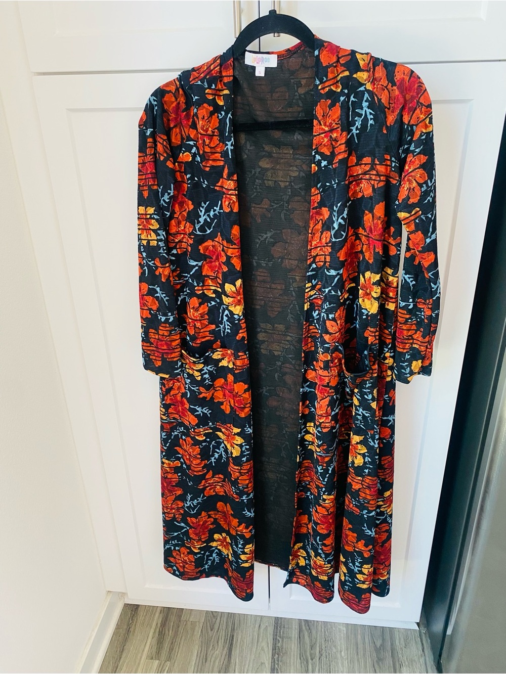 LuLaRoe Black Cardigan with Red & Orange Floral Print small